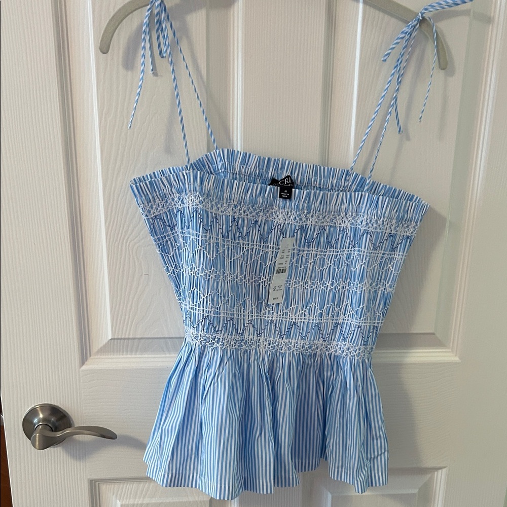 J. Crew Blue and White Striped Smocked Top